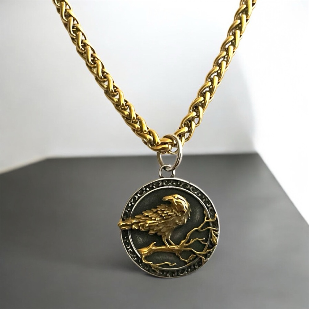 Large Stainless Steel Viking Style Men’s Raven Pendant Necklace